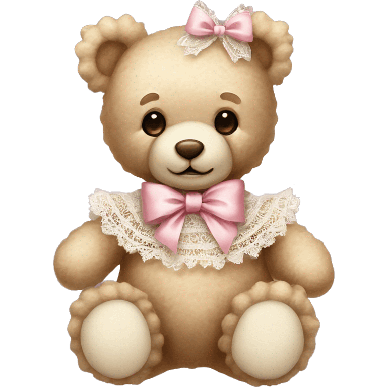 vintage rococo teddy bear with a light pink bow that has lace and frills emoji