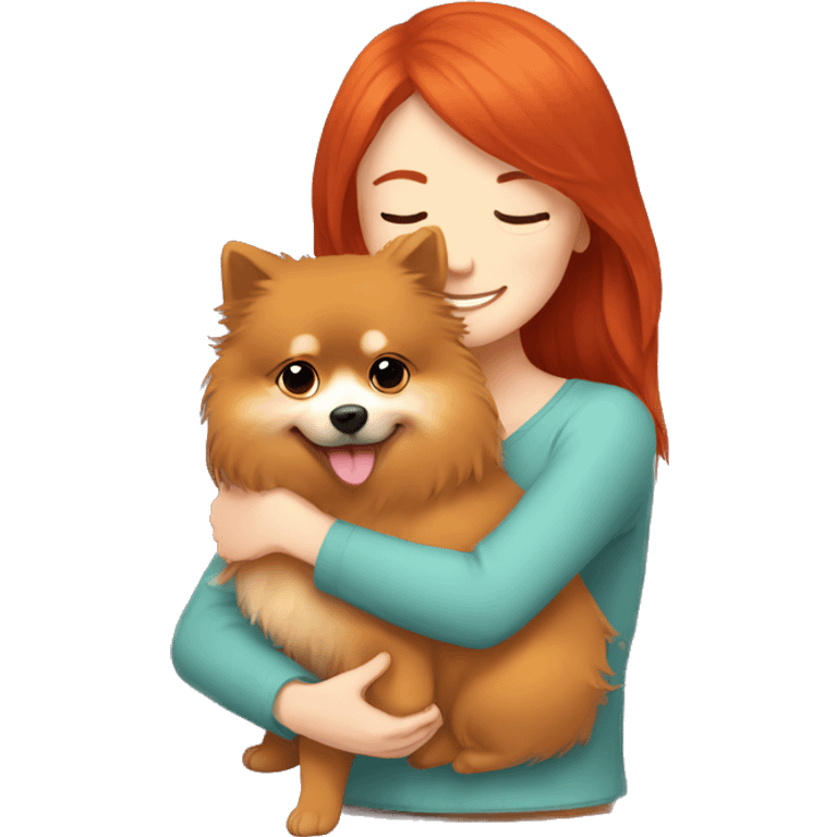 Red-haired girl hugging a Pomeranian. emoji