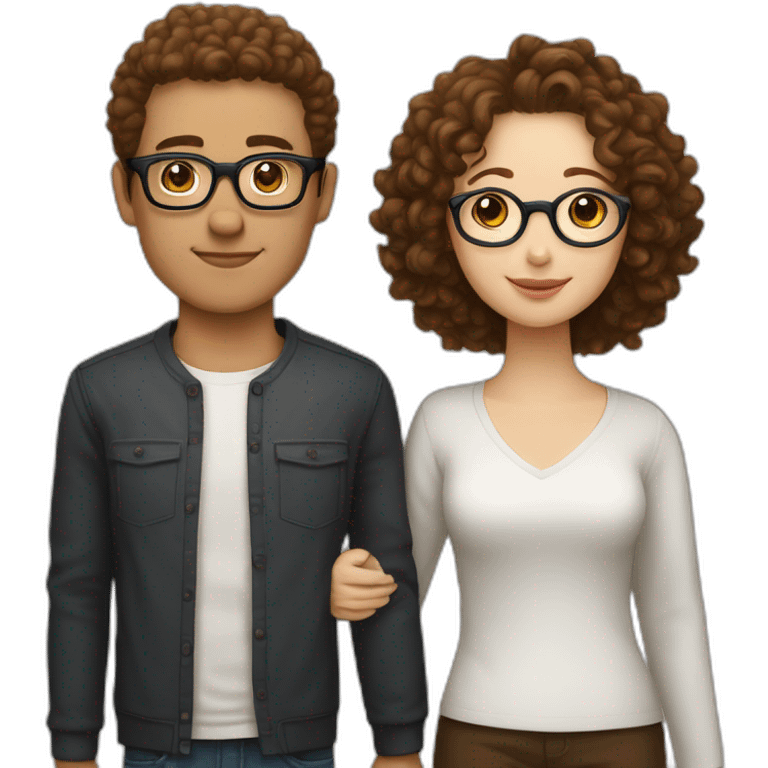 couple holding hands, white girl with round silver glasses and really short brown curly hair, taller white man with brown round glasses and short curly brown hair emoji