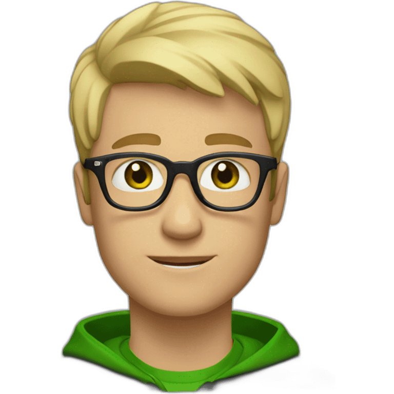 A blond short haired man with green eyes and a black sweatshirt with clear glasses emoji