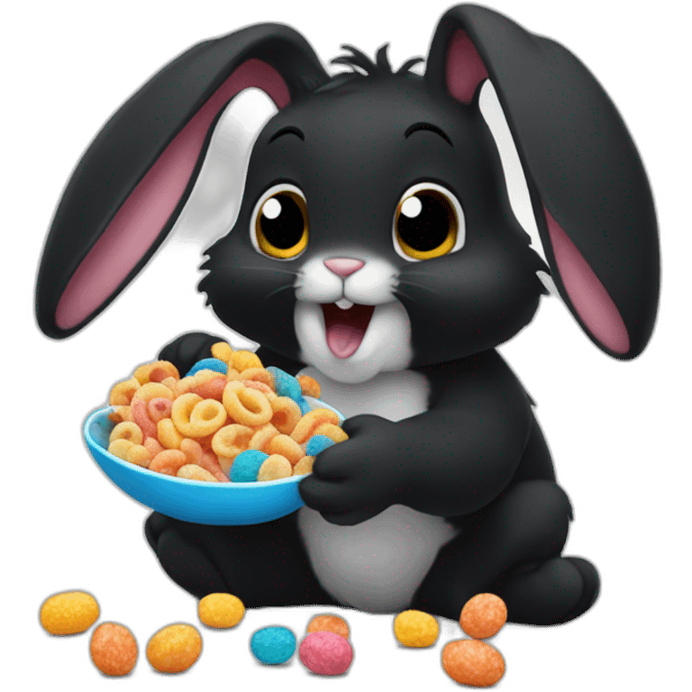 Small black rabbit eating frootloops emoji