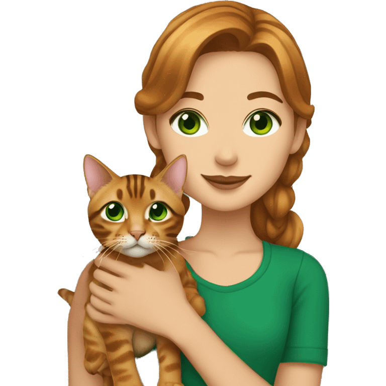 Girl with caramel Brown hair and Green eyes Holding a Bengal cat With Green eyes  emoji