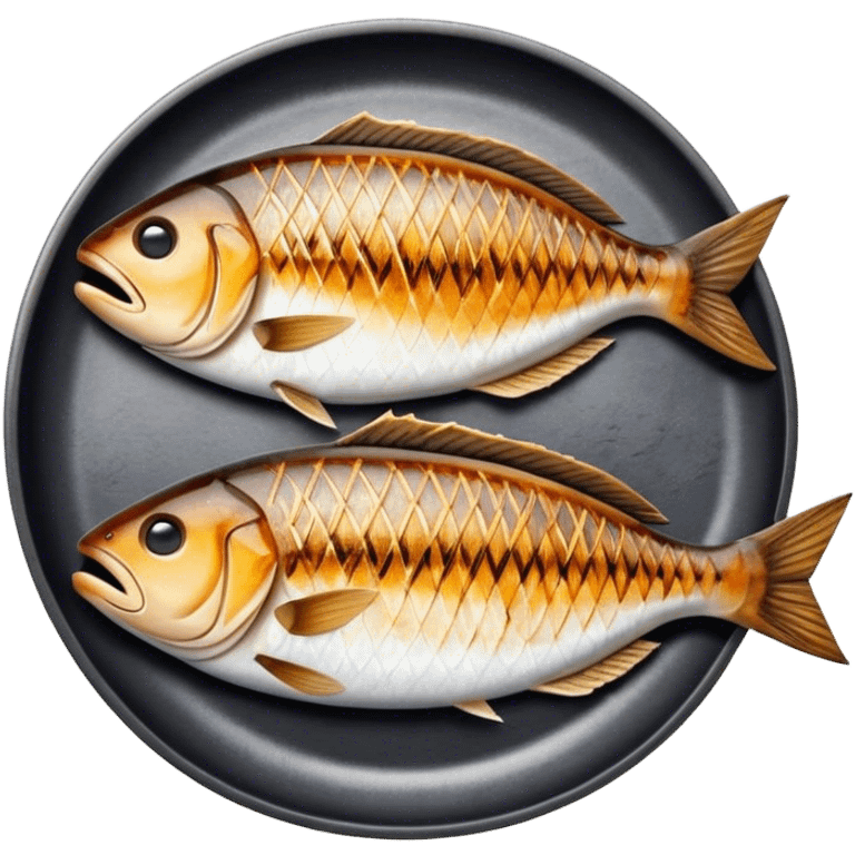 Gradele Cinematic Realistic Gradele Dish Emoji, depicted as 2 perfectly grilled fish with prominent grill marks and a smoky finish, rendered with vivid textures and dynamic, natural lighting. emoji