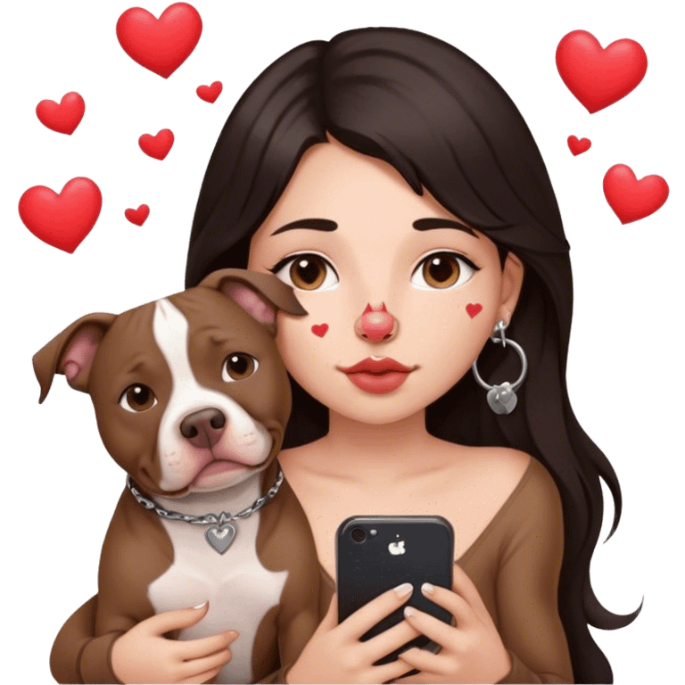 Young girl, with long dark hair, kind of chop you around her face holds her phone sitting by her pitbull. She has a small septum ring in her nose and heart fly all around her. emoji