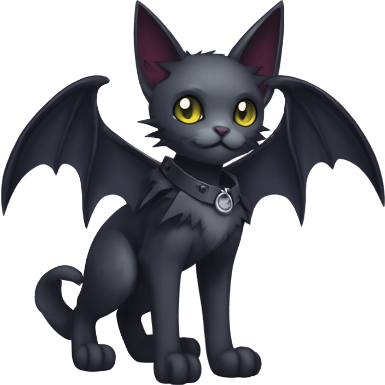   cool edgy beautiful anime-style ethereal dark-punk-themed animal vampiric cat-hybrid Fakemon with fangs and bat-wing-ears with a collar full body emoji