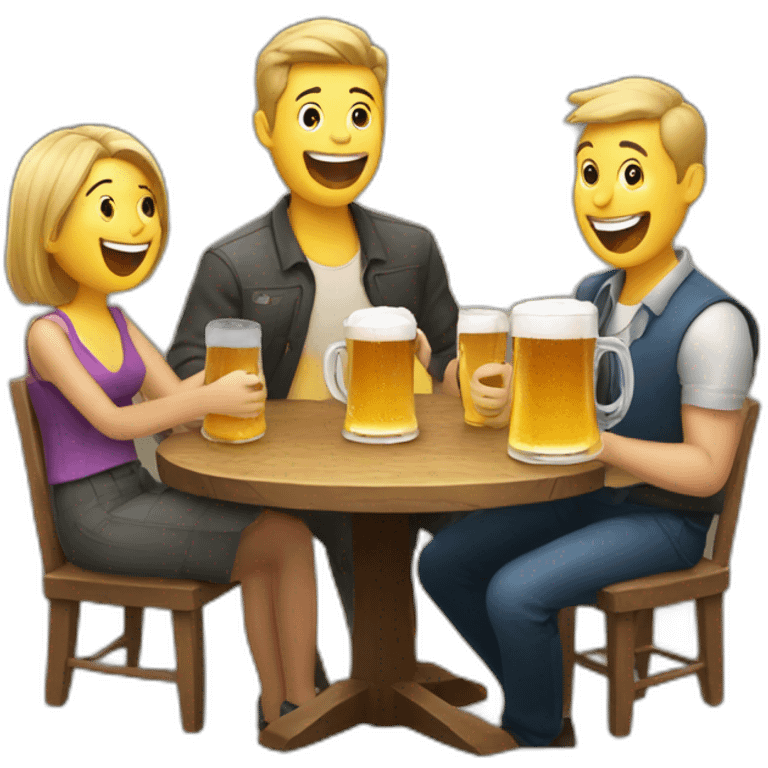 3 people laughing around a table with beer on it emoji