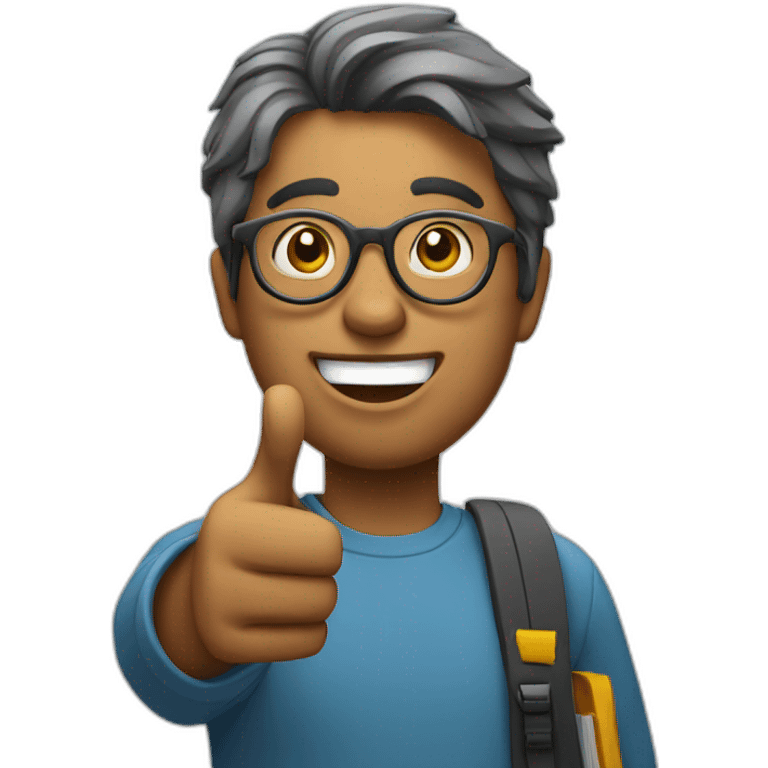 A student with glasses pointing to the left and asking a question emoji