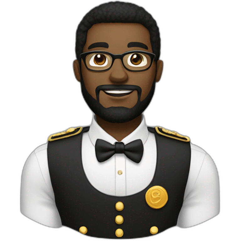 black soldier with beard, part in black hair, white collared shirt, bow tie, gold frame glasses, bulletproof vest  emoji