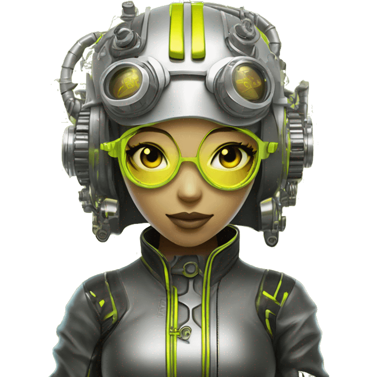 Neon yellow bobbed hair Asian female cyborg head with silver steampunk goggles and circuits emoji