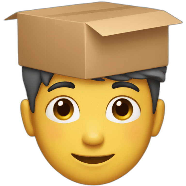 Boy Wearing a box as hat while looking down with a smile and double chin emoji