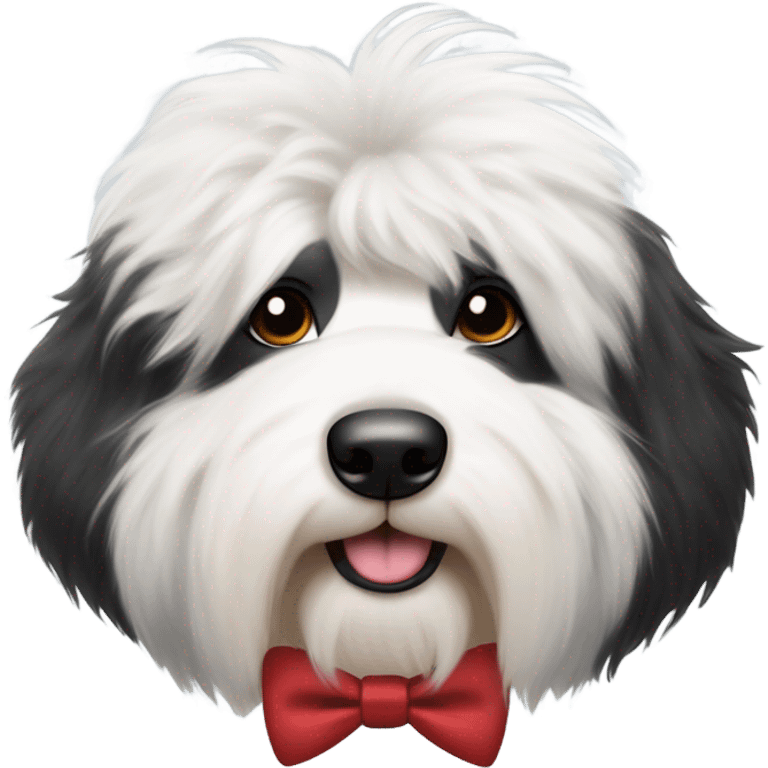 Half black half white old English sheepdog wearing a bow tie  emoji