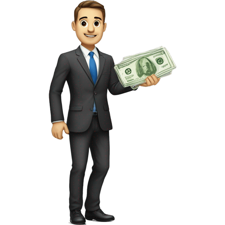 finance bro in suit holding money.  European ethnicity. full body including legs. realistic sized emoji