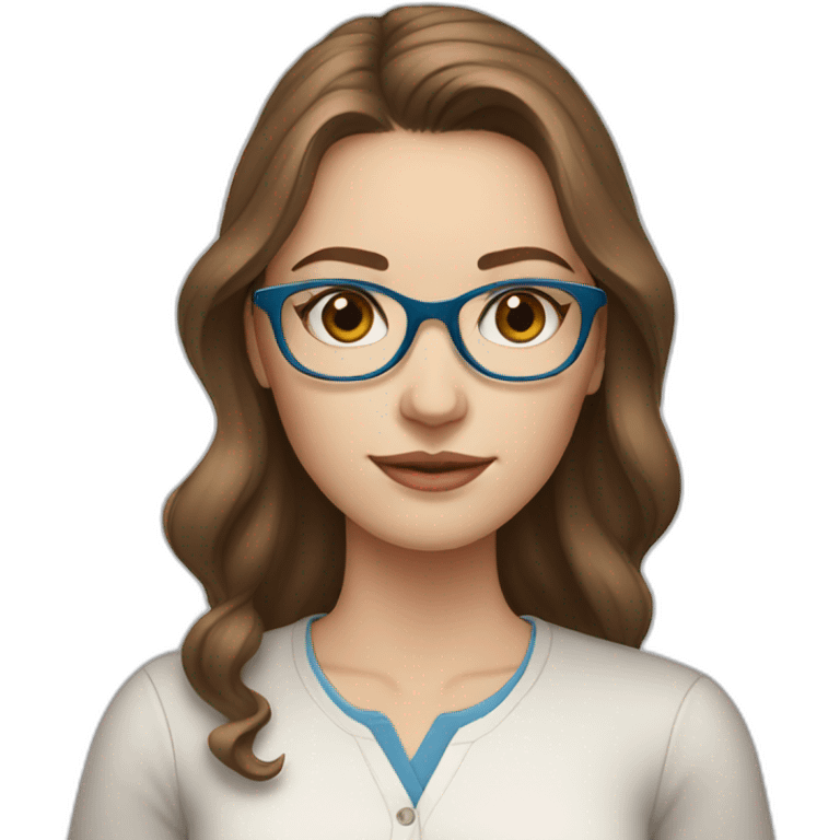 young white woman, brown hair, blue eyes, wearing glasses, drawing on an ipad emoji