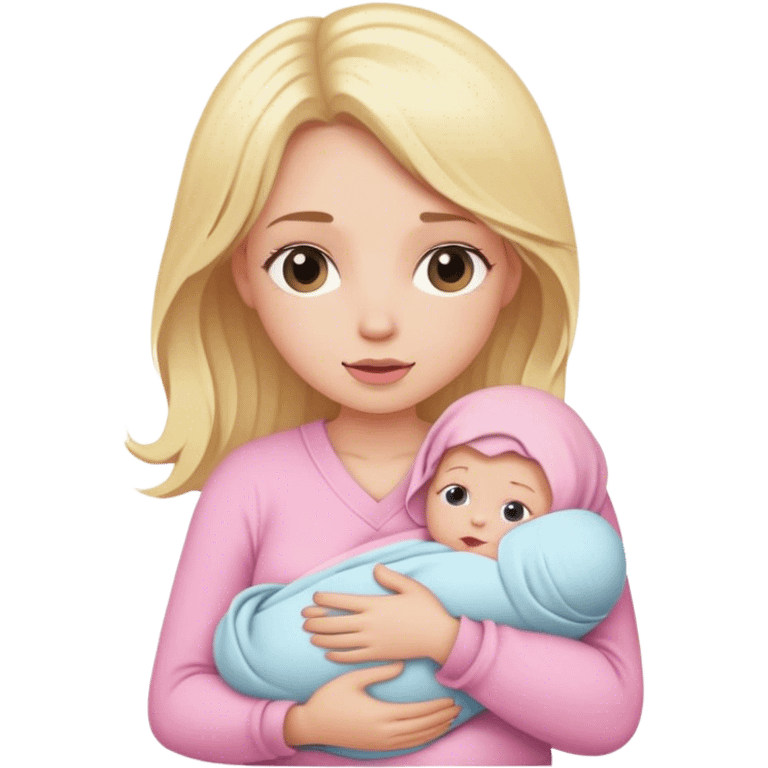 Blonde girl holding a new born baby while the baby is wrapped in pink. emoji