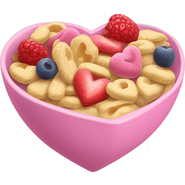 A bowl of pink heart-shaped cereal and fruits. emoji