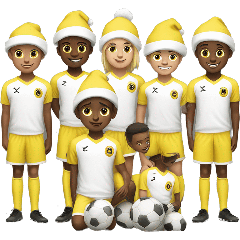 Yellow Be accurate and clean.9 year old kids soccer team in white jersey that has a soccer ball with a Santa hat on top of it. emoji