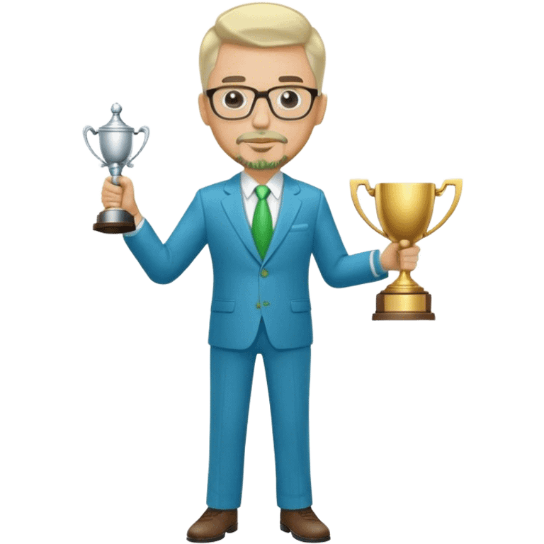 Full Body large white male  wearing glasses with a goatee with light blonde gray very short hair basketball head Coach in blue and green suit holding trophy emoji