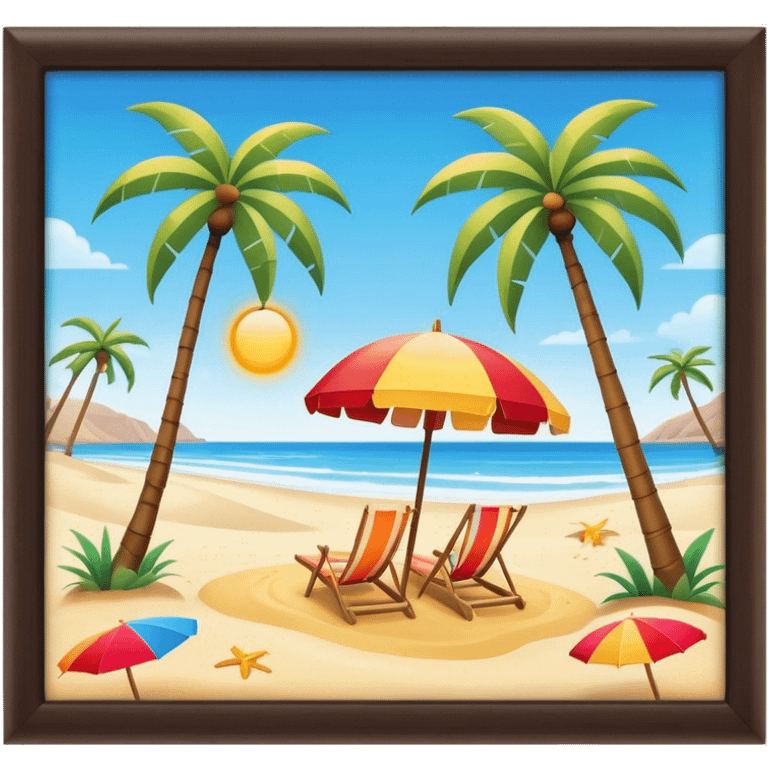 Cinematic Realistic Beach Emoji in a wooden frame, Sunny and bright, with soft golden sand stretching as far as the eye can see, gently lapping waves crashing onto the shore, and a clear, blue sky above. Palm trees sway in the warm breeze, and colorful beach umbrellas dot the landscape. Soft glowing outline, capturing the essence of a relaxed, joyful beach day filled with sun, sand, and surf! emoji