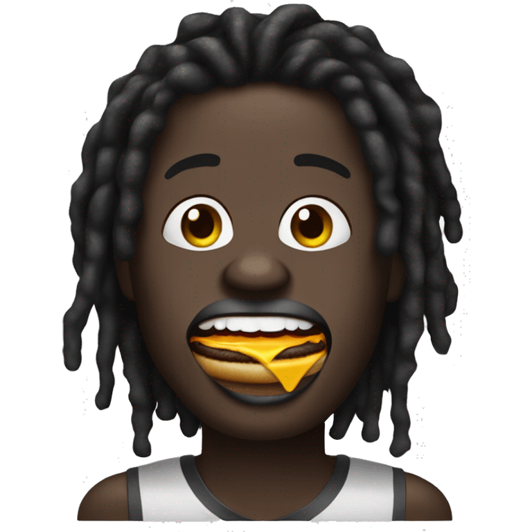 Dark skin black guy with black dreadlocks and big lips with make up on face eating a burger  emoji