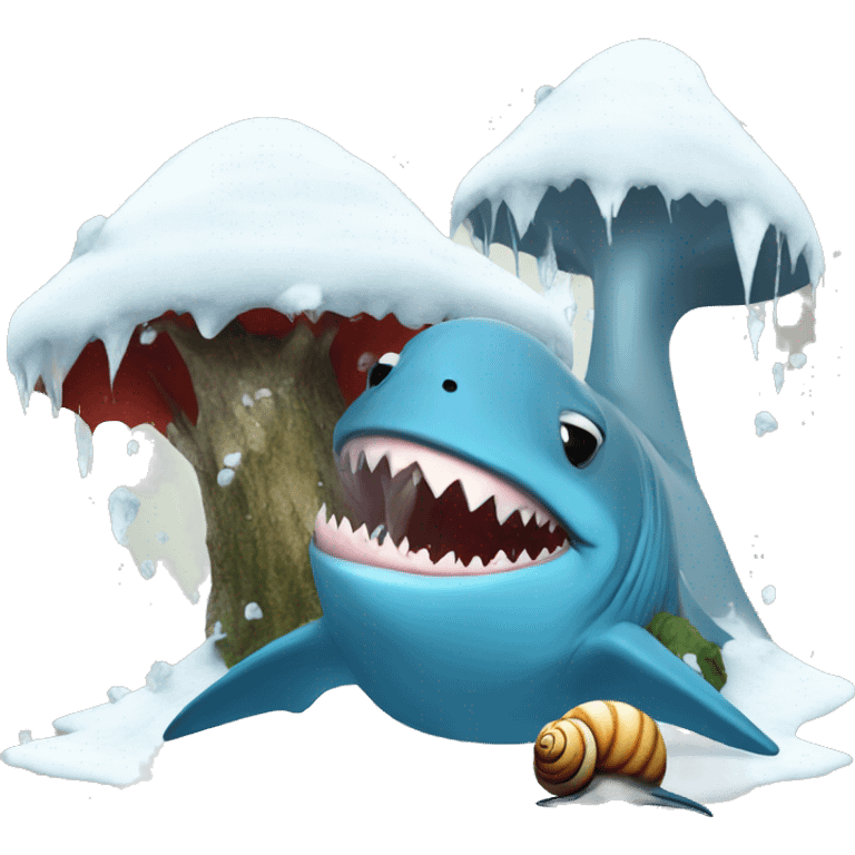 a snail beating a gangster shark in a snow with tree emoji