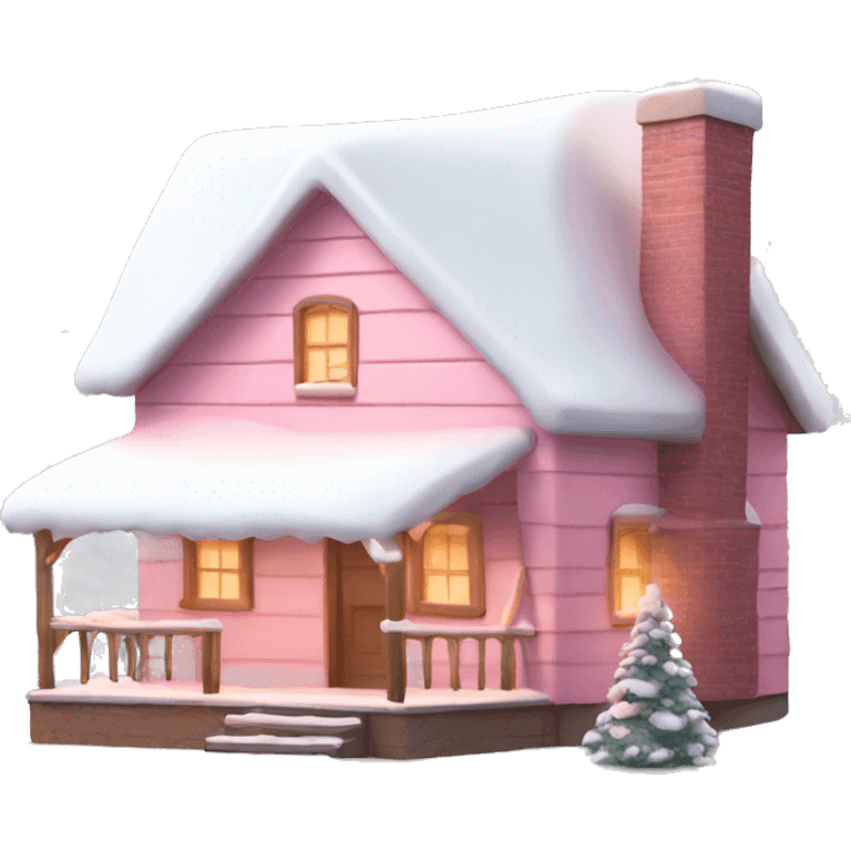 light pink cabin with snow with lights with smoking chimney and pink christmas tree emoji