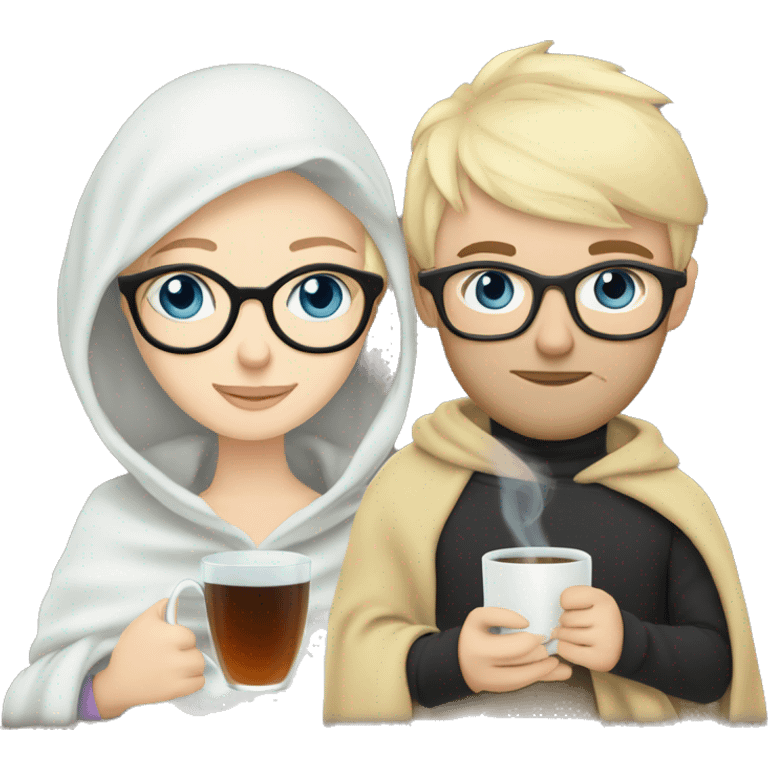 Pale blonde girl with blue eyes wearing glasses and pale man with short black hair and beard drinking tea under a blanket emoji