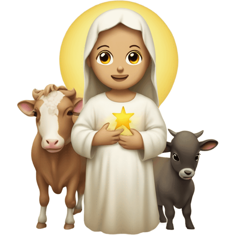 Infant Jesus surrounded by mom, dad and farm animals emoji