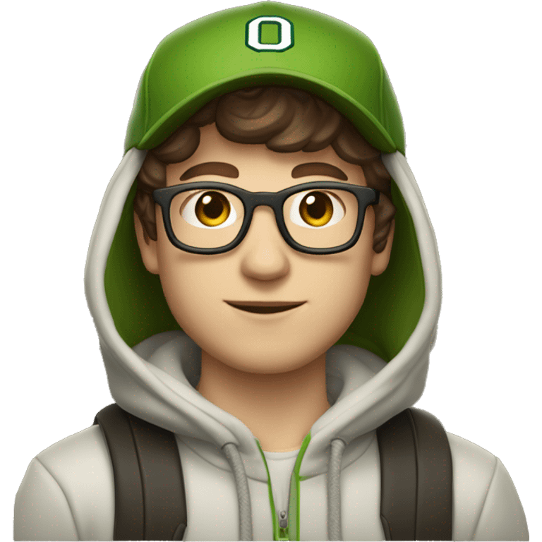 jeremy allen white with brown hair, glasses, and a university of Oregon baseball hat, and a hoodie, and fair skin  emoji