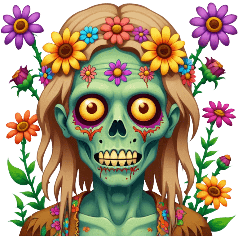 Cinematic ultra detailed 32k HD Psychedelic colored hippie style zombie with flowers emoji