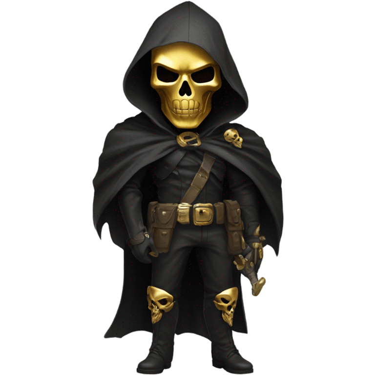 Bounty Hunter Boss with black cape and a gold skull mask from death Stranding, full body view emoji