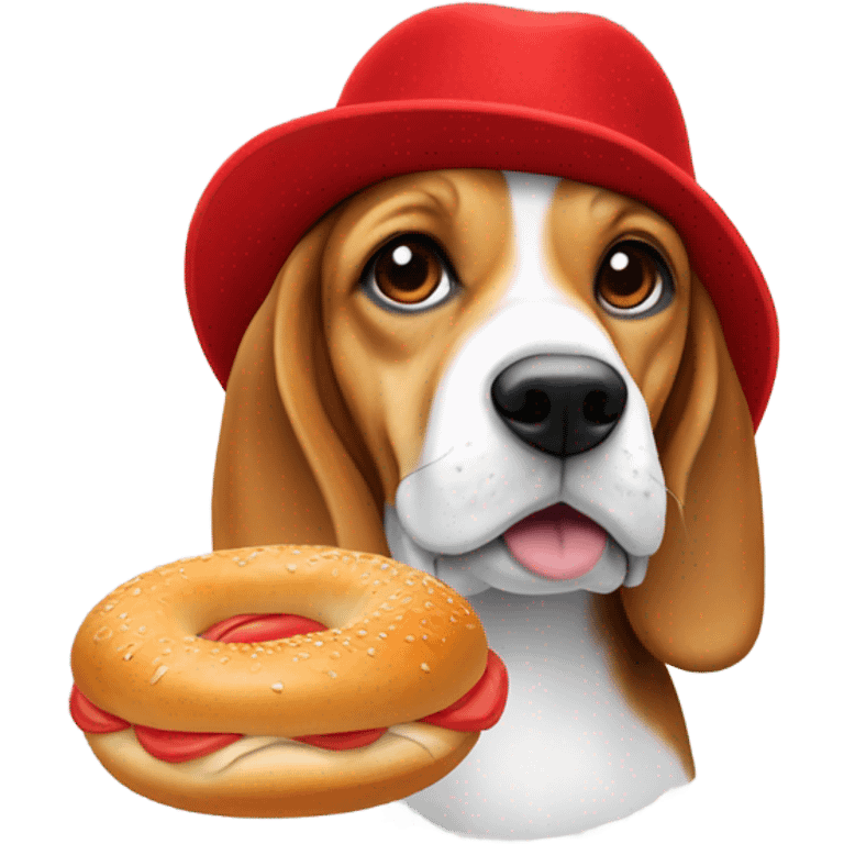 beagle eating a bagel while wearing a red hat emoji