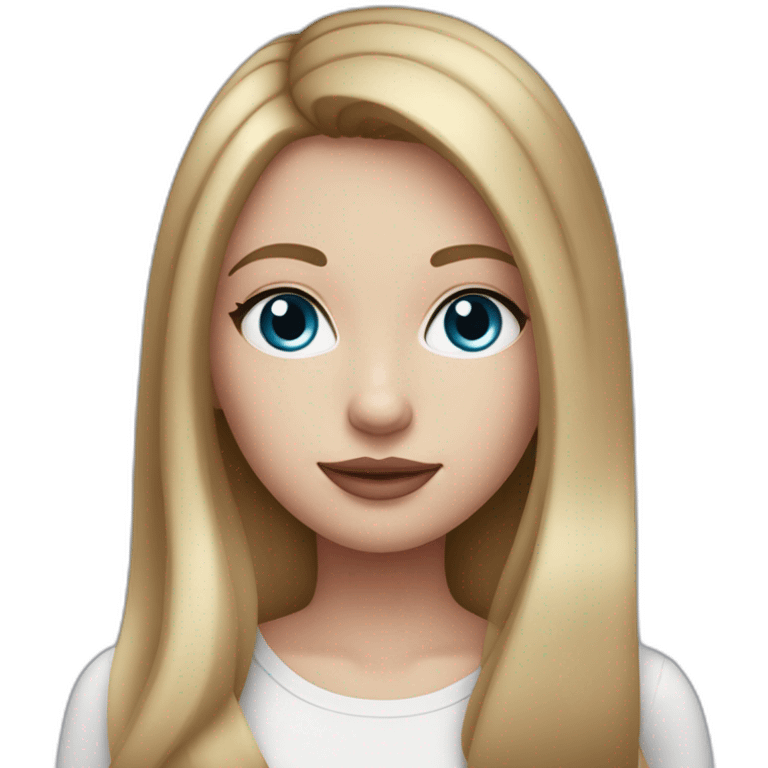 Girl with straight, dark blonde hair, blue eyes, white skin, makeup, rose pink lips, middle part, darker haur emoji