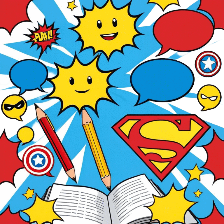 Create a vibrant and dynamic emoji representing comic books and graphic novels as an art form. The design should feature a comic book page with panels and speech bubbles, showcasing bold lines and vibrant colors. Include elements like a pencil or pen, as well as a superhero icon or an action scene to symbolize storytelling through visuals. Use bright, energetic colors like red, blue, and yellow to convey excitement and creativity. The overall design should feel playful, creative, and artistic. Make the background transparent. emoji