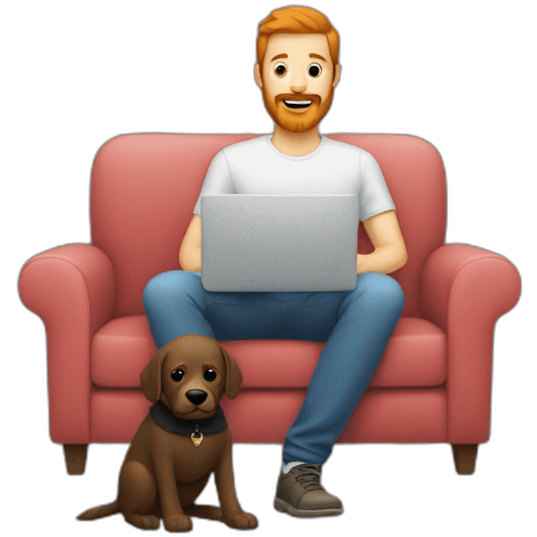 a man with a red beard sits working on a laptop on the sofa with a black Labrador emoji