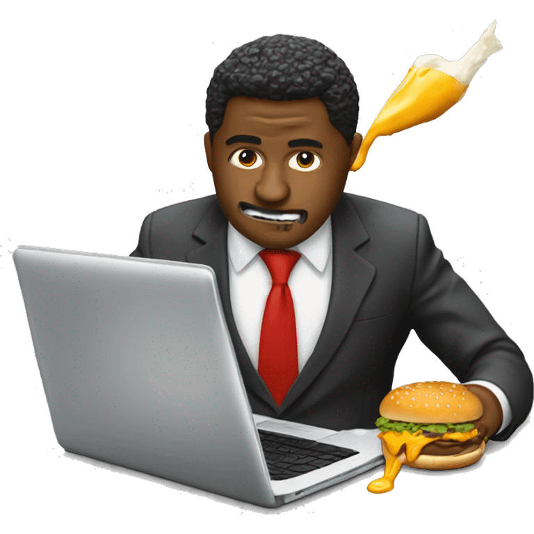 A business man in a suit eating a messy cheeseburger that is dripping sauce onto his laptop emoji