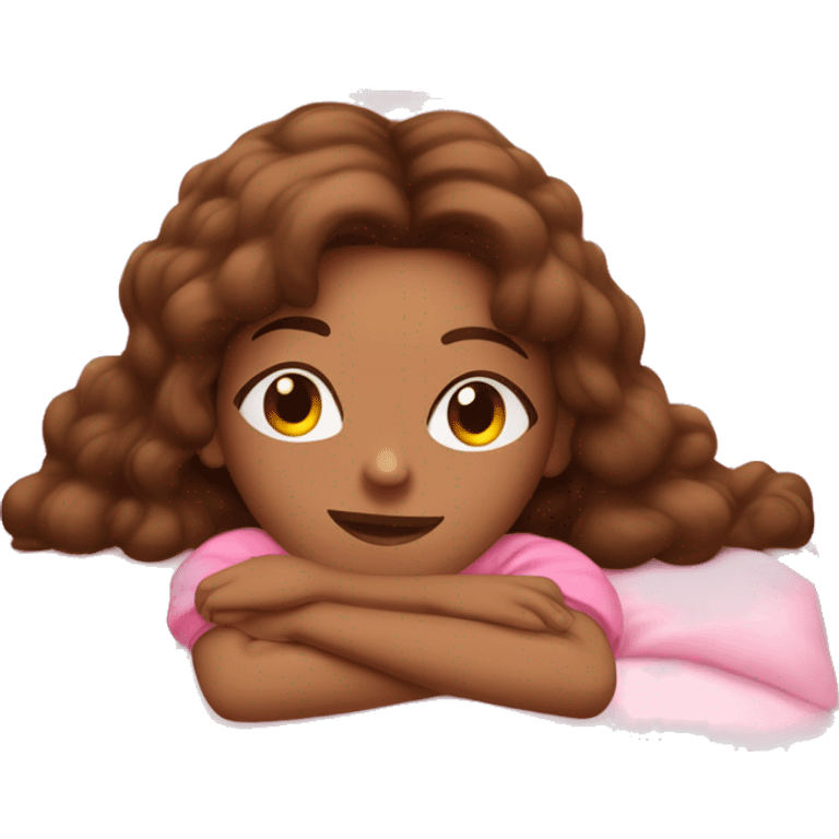 Girl with golden skin and brown hair in long loose ways wearing cute pink pajamas, laying her head on a pink pillow ￼ emoji