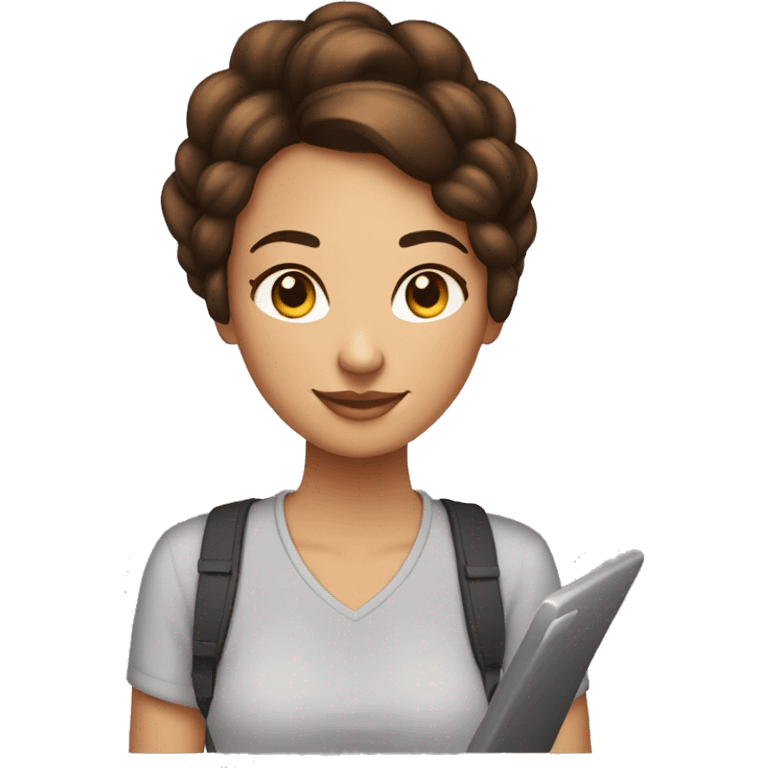 Femme freelance 27 ans avec chignon bouclé brune, sur son ordinateur portable emoji