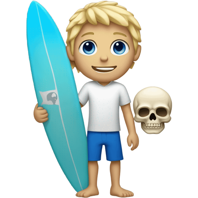 boy with scruffy blonde hair and blue eyes. holding a surfboard with a skull on it emoji