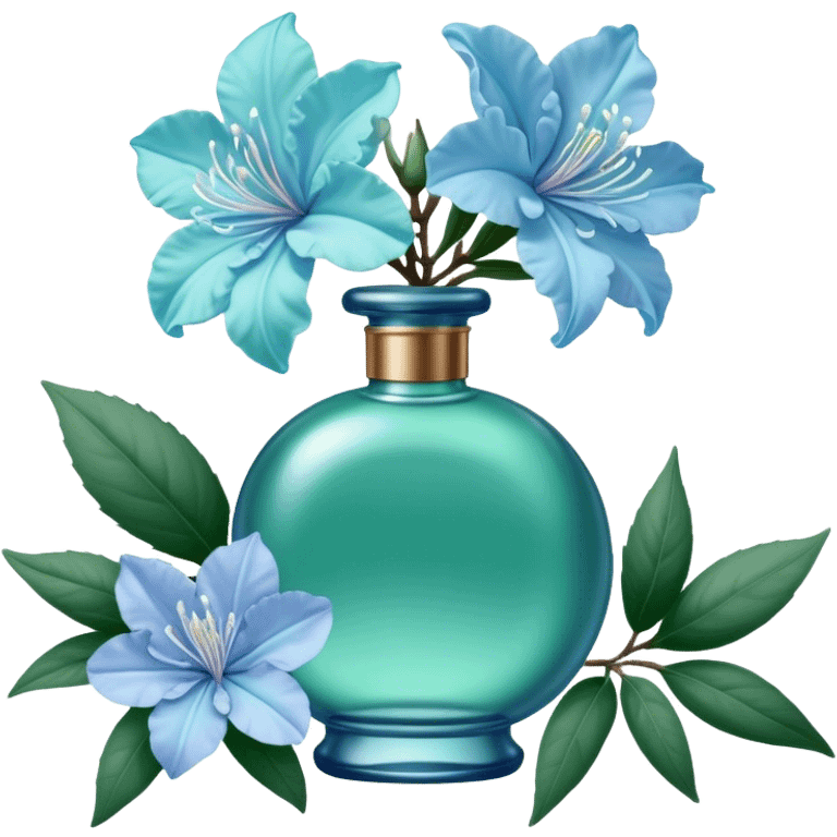 Aesthetic ensemble of soft blue azaleas alongside a charming vintage green perfume bottle.
 emoji