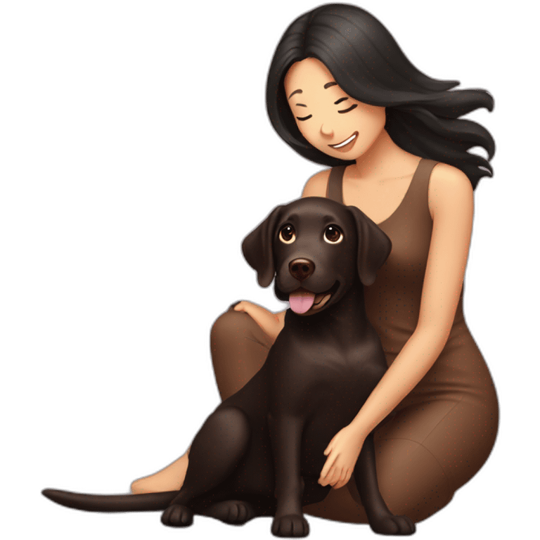 Chocolate labrador playing with woman long black hair emoji