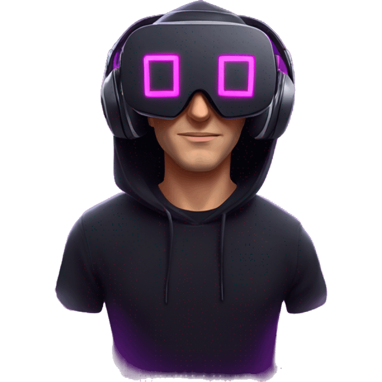 Russian man wearing a black hoodie with "OMG" letters on it and VR headset in a cyberpunk VR environment with violet neon lighting. emoji