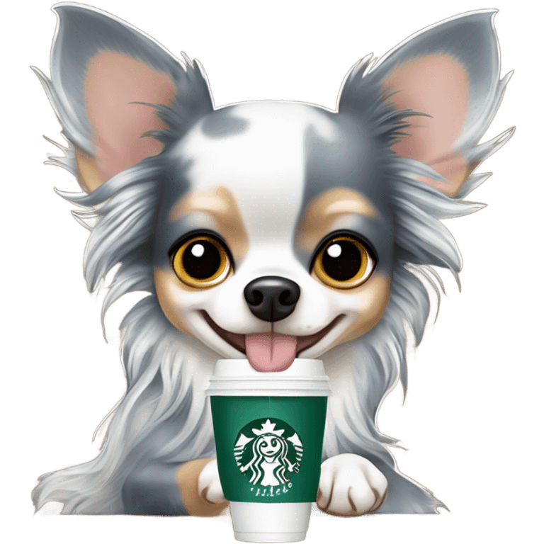 Blue dapple Merle long hair chihuahua drinking Starbucks  emoji