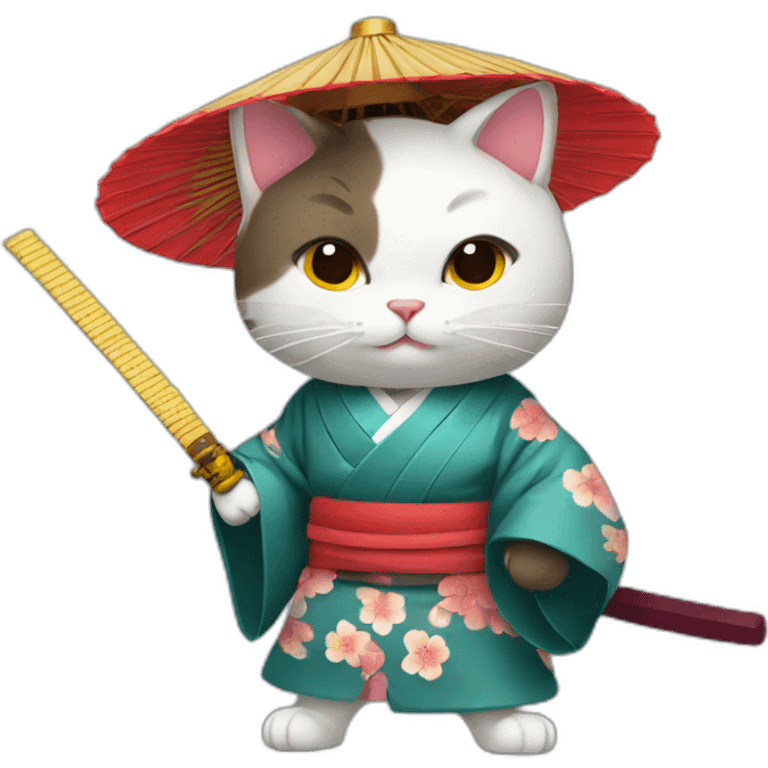 cat with a Japanese hat and a kimono holding a katana emoji