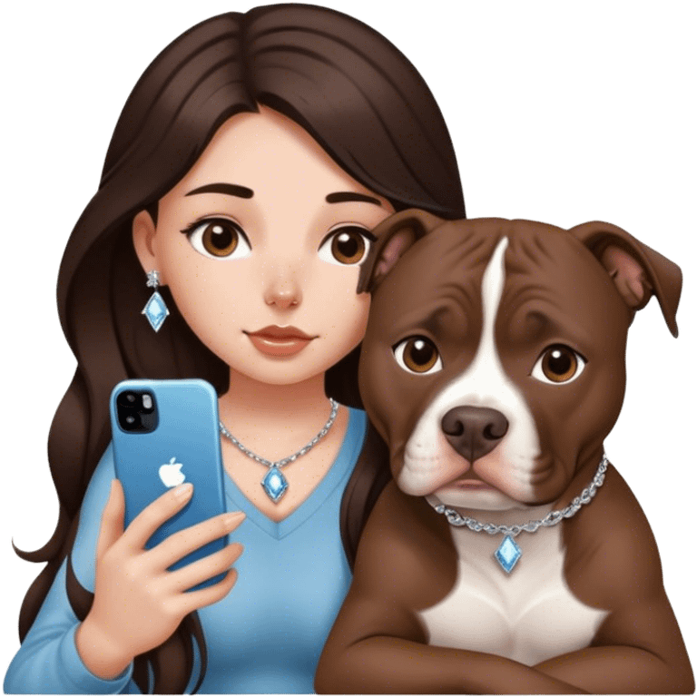 ￼ a young girl with long dark brown hair cascading down her face. It’s with her phone in her hands, sitting next to her pitbull with a small diamond nose ring in her nose. emoji