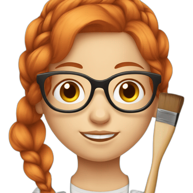 Redhead artist painter girl with a braid, large round glasses and a brush, on a white background emoji