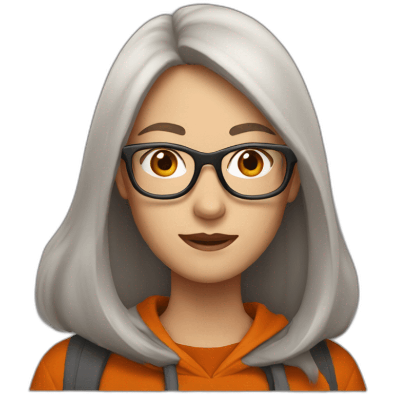 pale woman with glasses with long straight brown hair waving wearing a dark orange hoodie emoji