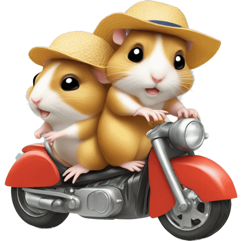 Two hamsters wearing swim shorts and sun hats driving by motorbike on the beach emoji