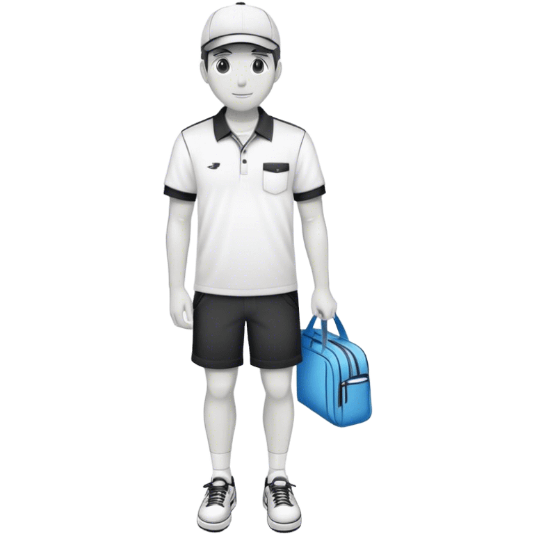 Pool attendant, wearing a cap, polo shirt, shorts, and sneakers, in a simple black and white outline style. No facial features.  emoji