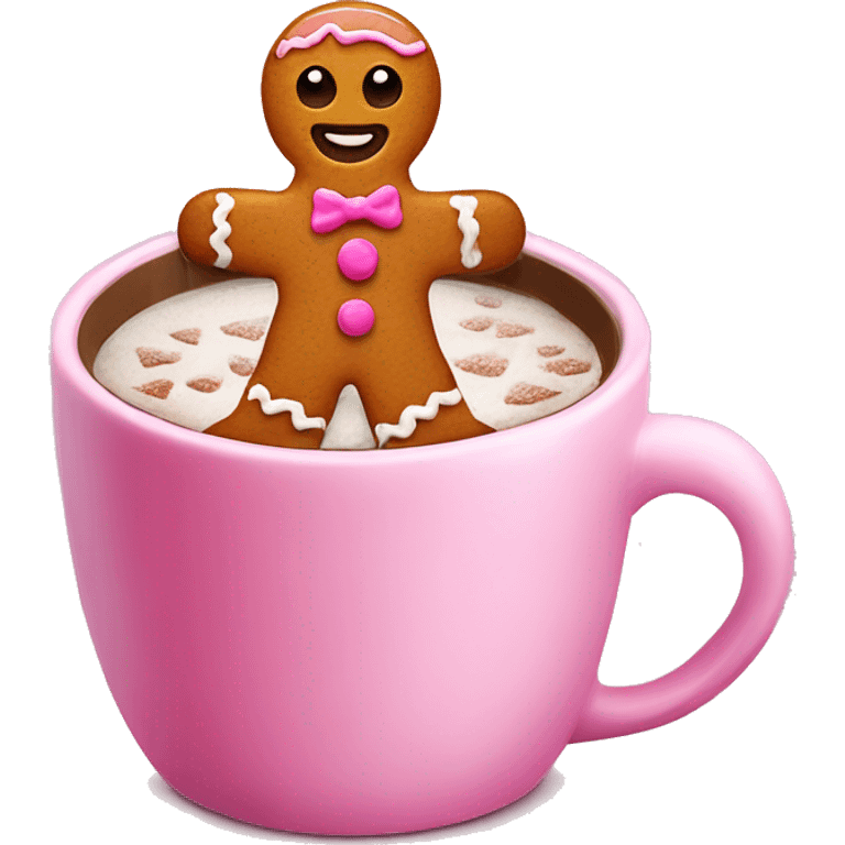 A gingerbread man inside a pink cup with hot chocolate with frosting  emoji