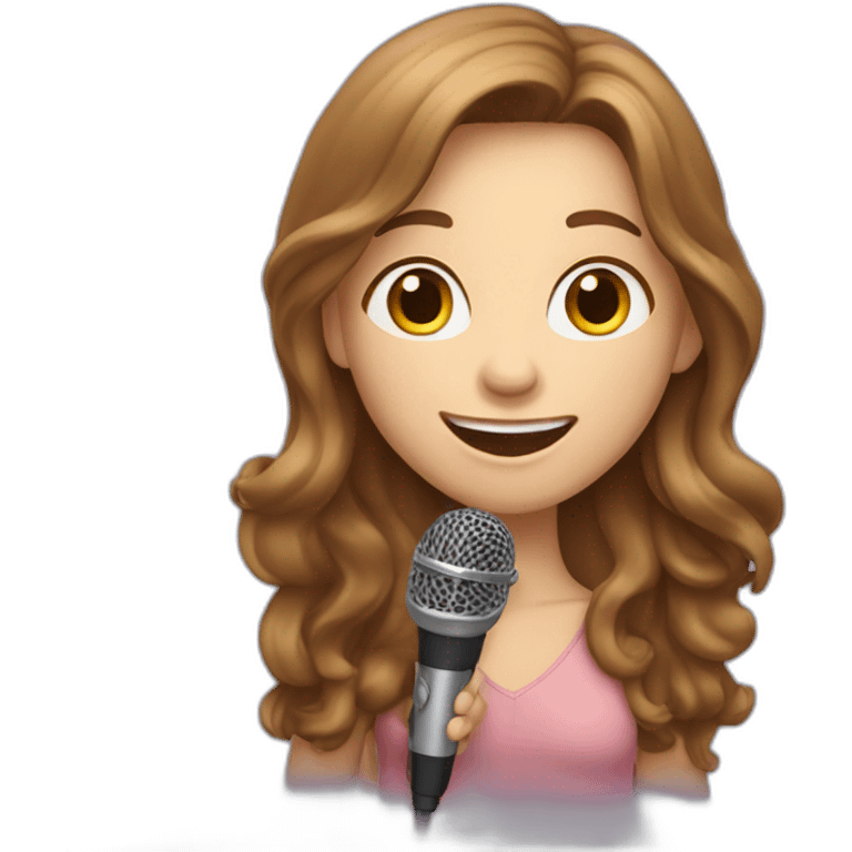 Caucasian girl with long Brown hair holding a michophone singing happy emoji